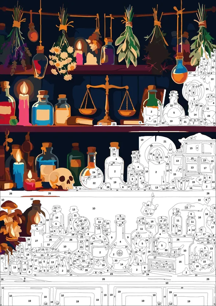 Apothecary Shelf — half painted, showing the numbered scheme
