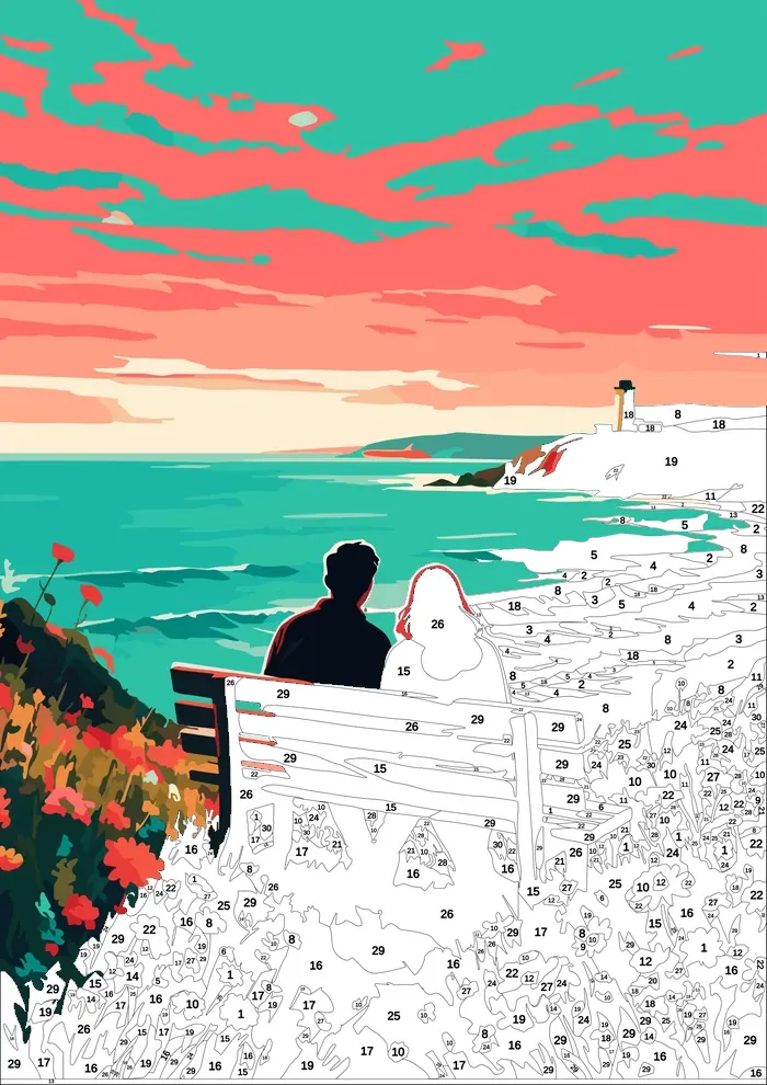 Bench at Sunset — half painted, showing the numbered scheme