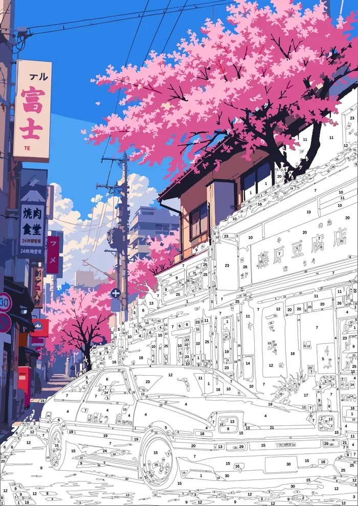 Cherry Blossom Street — half painted, showing the numbered scheme