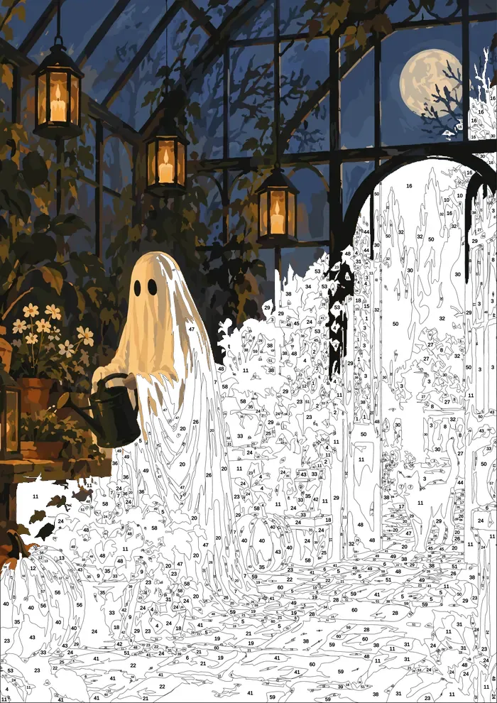 Ghost in the Greenhouse — half painted, showing the numbered scheme