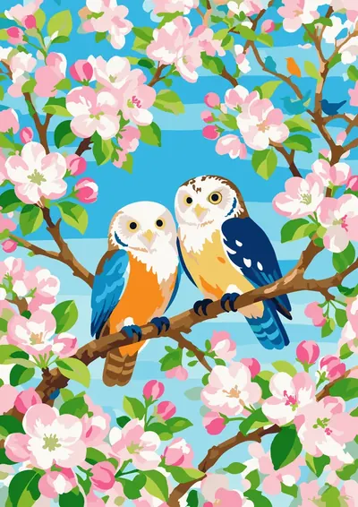 Owls in Blossom — finished picture
